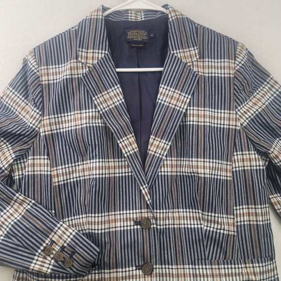 Pendleton Womens Lined Plaid Blazer Jacket Size 12 Beige Navy New with Tags - Picture 2 of 12